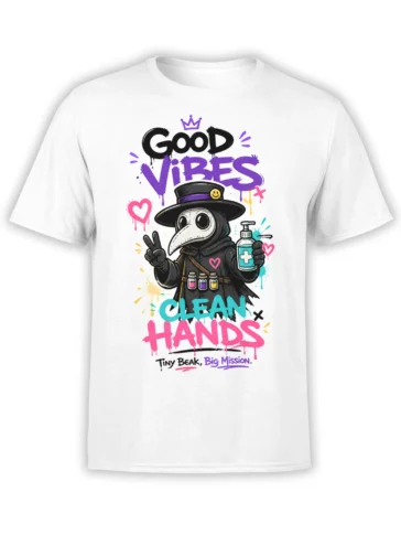 White plague doctor T-shirt with sanitizer, good vibes lettering, and colorful clean hands artwork