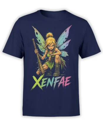 Fierce blonde fairy warrior with colorful wings and bold lettering on a navy fantasy T-shirt