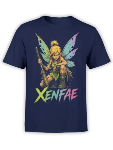 Fierce blonde fairy warrior with colorful wings and bold lettering on a navy fantasy T-shirt