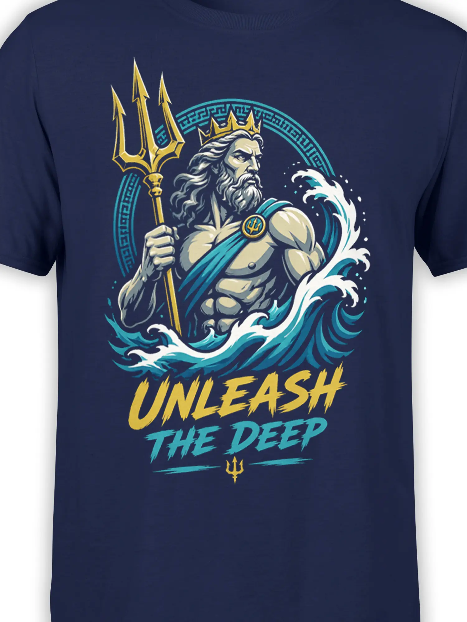 Close-up of crowned sea god artwork, golden trident, turquoise waves, and lettering on a navy graphic T-shirt