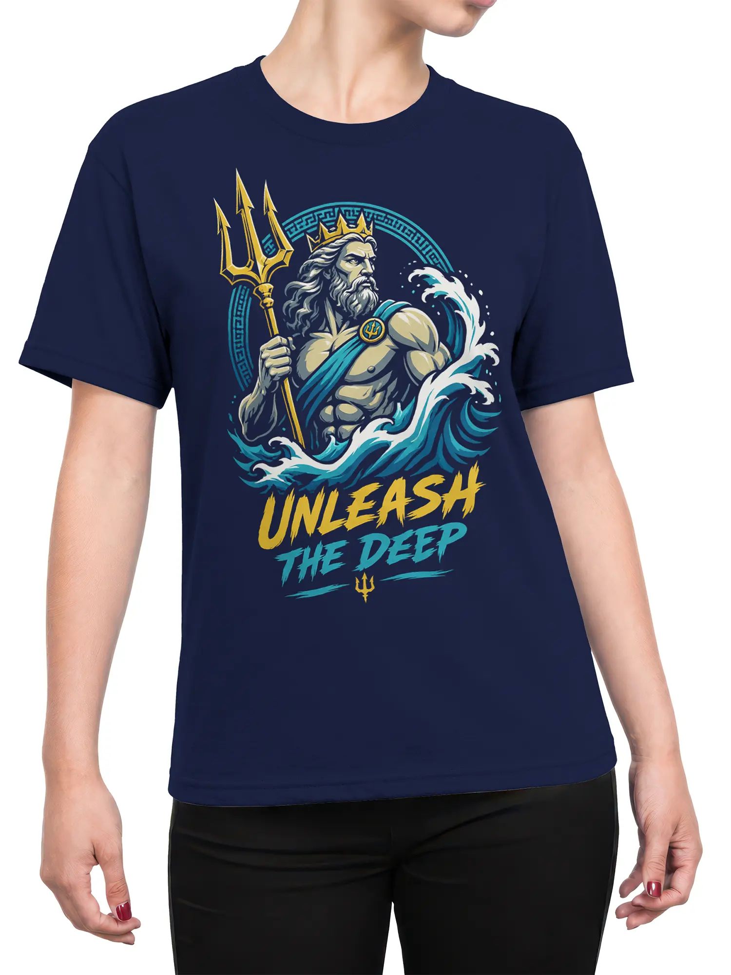 Female torso wearing a navy sea god T-shirt with trident, wave artwork, and UNLEASH THE DEEP lettering
