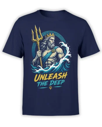 Crowned sea god with golden trident and crashing waves on a navy UNLEASH THE DEEP T-shirt
