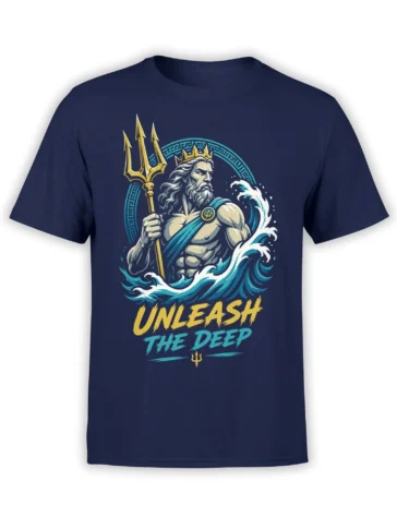 Crowned sea god with golden trident and crashing waves on a navy UNLEASH THE DEEP T-shirt