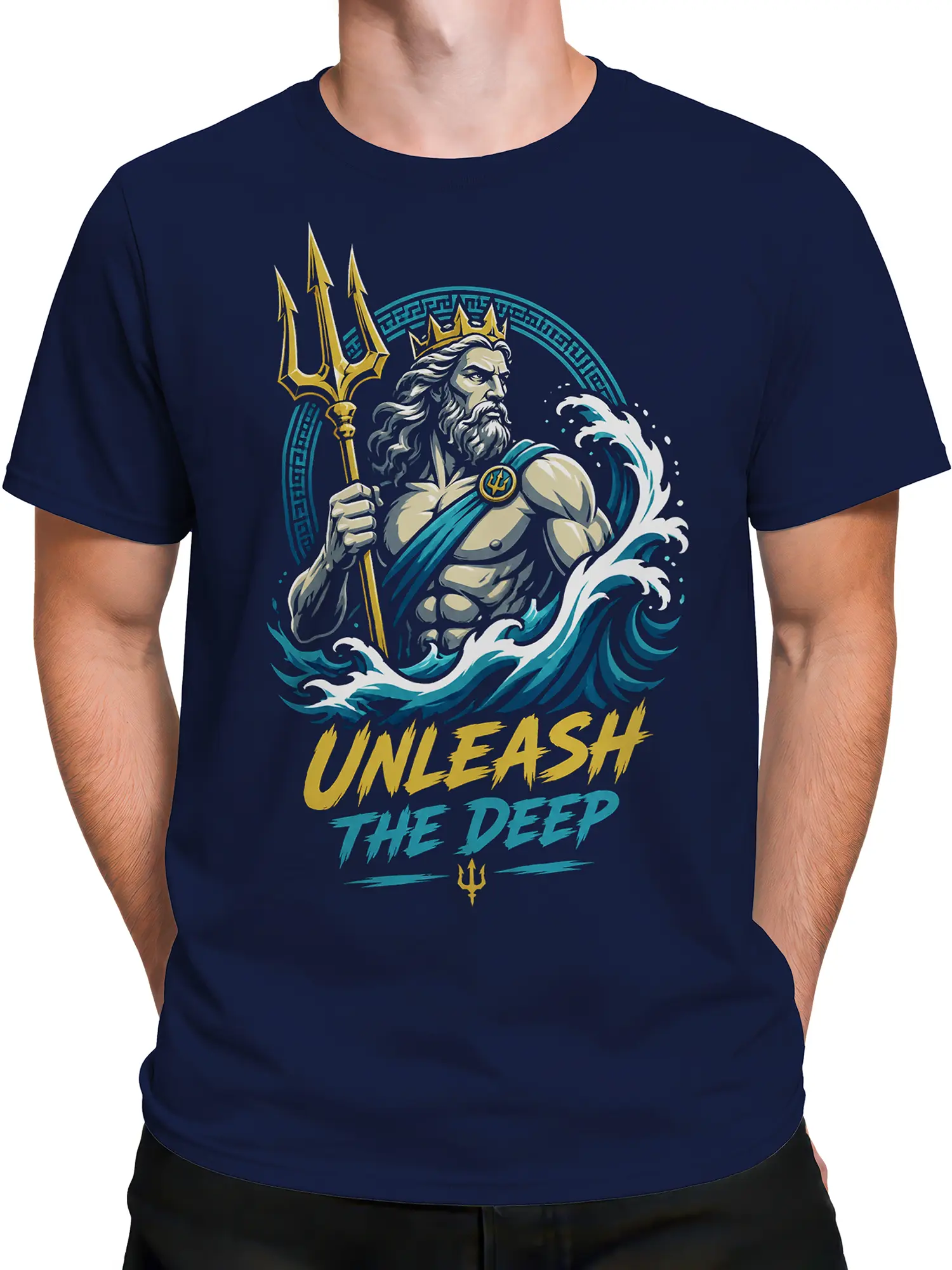 Male torso wearing a navy sea god graphic tee with crowned figure, trident, waves, and bold lettering