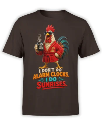 Funny rooster in sunglasses and red robe holding coffee mug on a brown sunrise graphic T-shirt