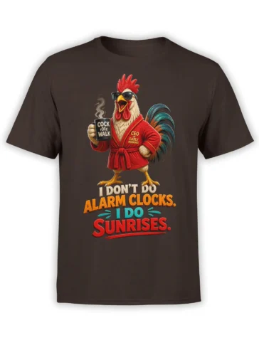 Funny rooster in sunglasses and red robe holding coffee mug on a brown sunrise graphic T-shirt