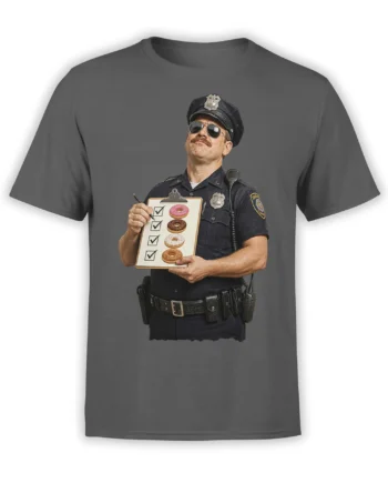 Gray T-shirt with a mustached police officer checking a colorful donut checklist on a clipboard