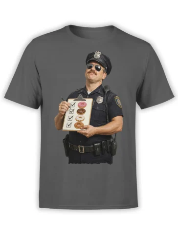 Gray T-shirt with a mustached police officer checking a colorful donut checklist on a clipboard