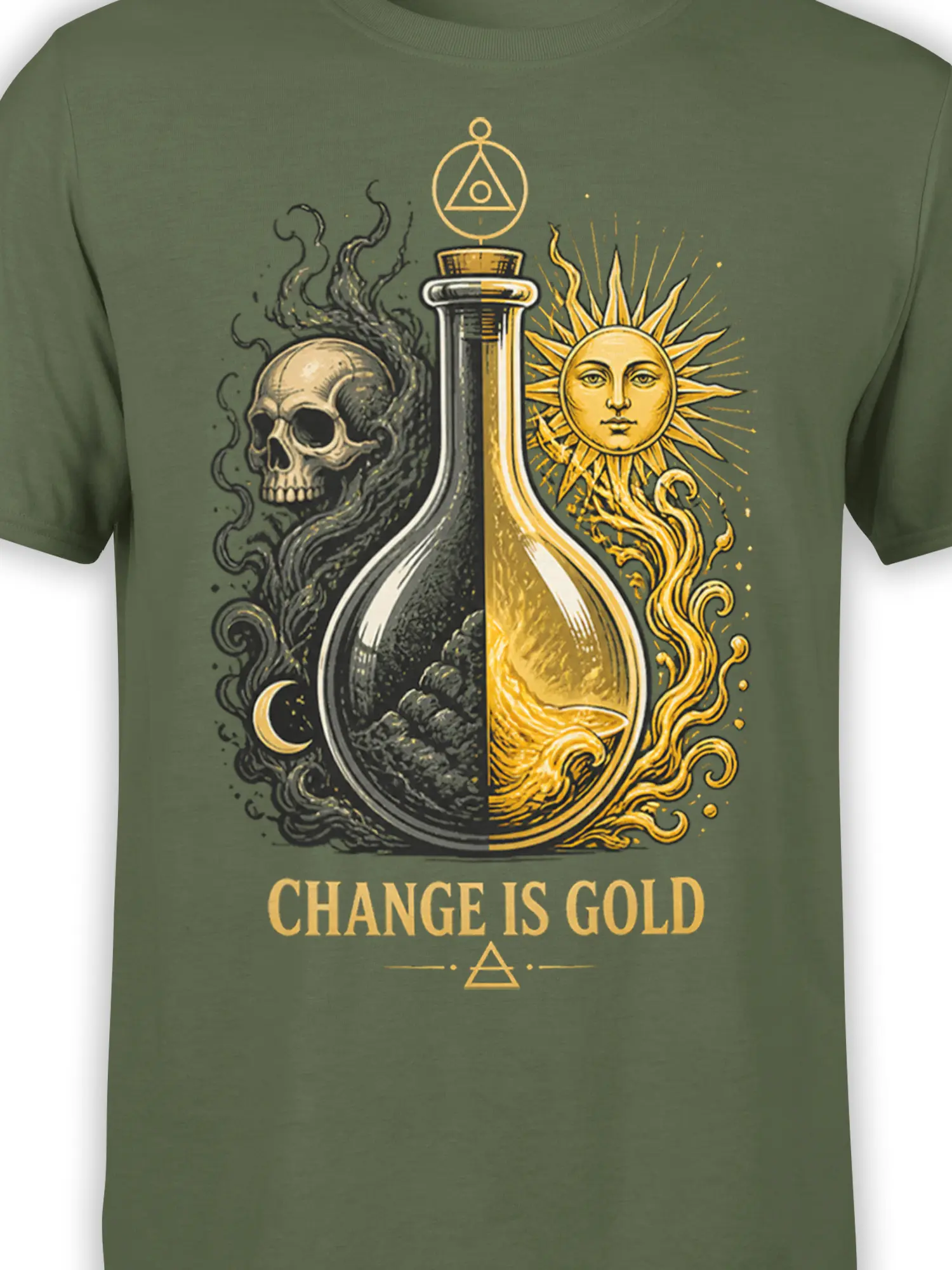 Close-up of green shirt artwork showing a split flask, skull, crescent moon, golden sun, and alchemical symbol