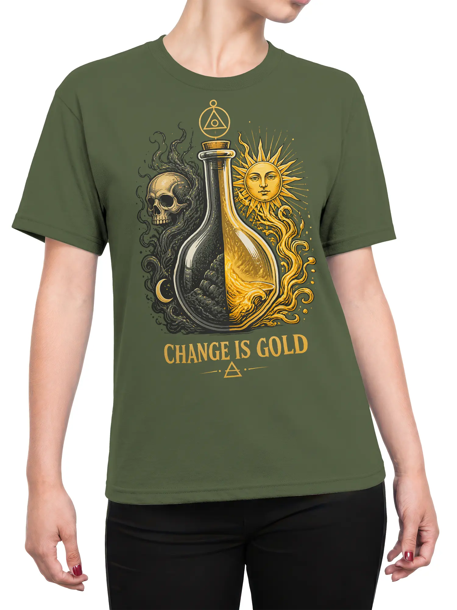 Female torso wearing a green fantasy T-shirt with a skull, crescent moon, radiant sun, and “Change Is Gold” design