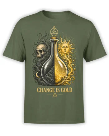 Green fantasy T-shirt with a split alchemical flask, skull, sun, moon, and “Change Is Gold” lettering