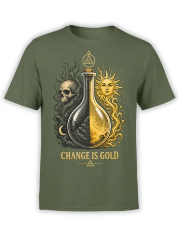 Green fantasy T-shirt with a split alchemical flask, skull, sun, moon, and “Change Is Gold” lettering