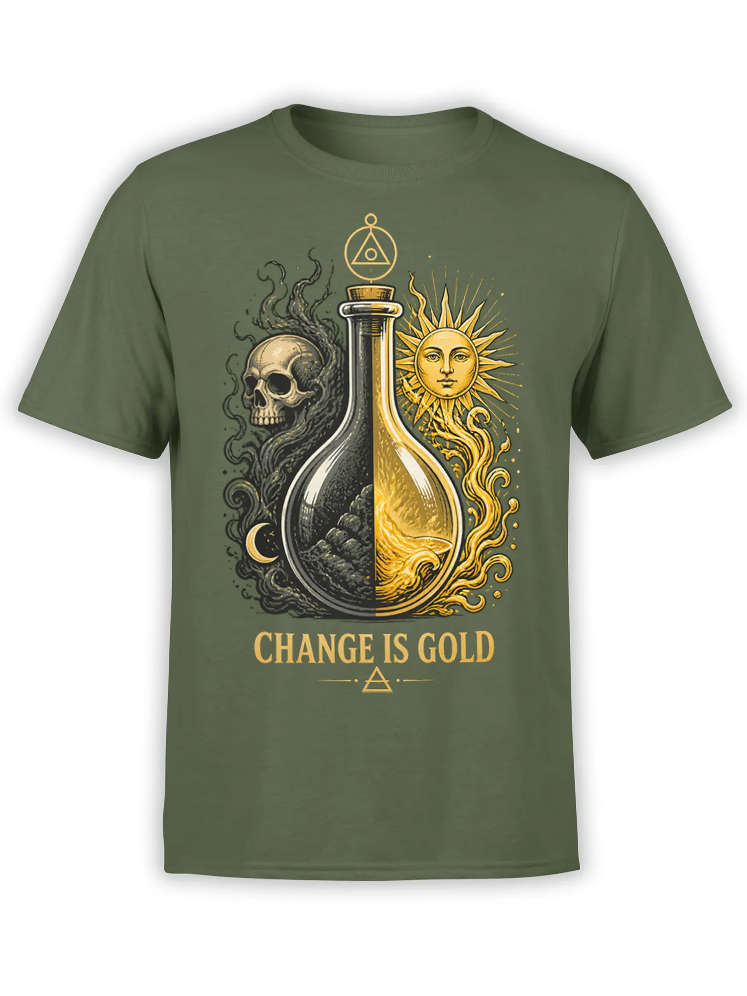 Green fantasy T-shirt with a split alchemical flask, skull, sun, moon, and “Change Is Gold” lettering