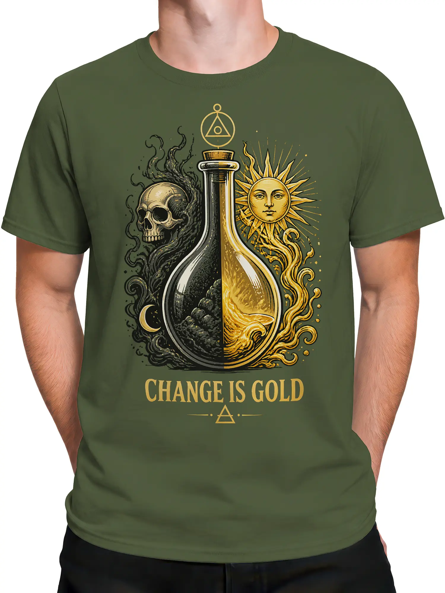 Male torso wearing a green fantasy T-shirt with symbolic flask, skull, sun, moon, and gold lettering