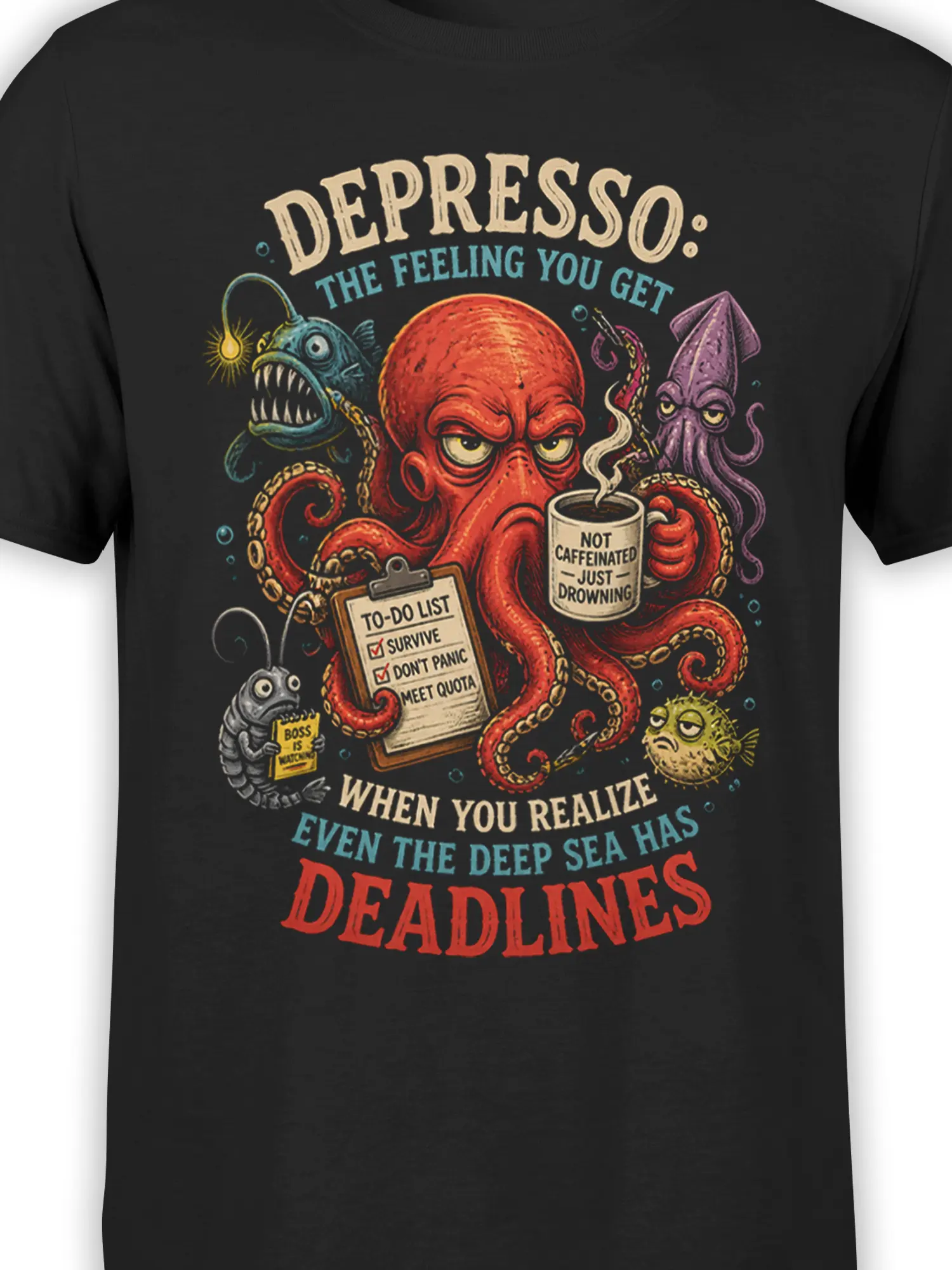 Close-up of red octopus holding coffee and deadline checklist on a black vintage graphic tee