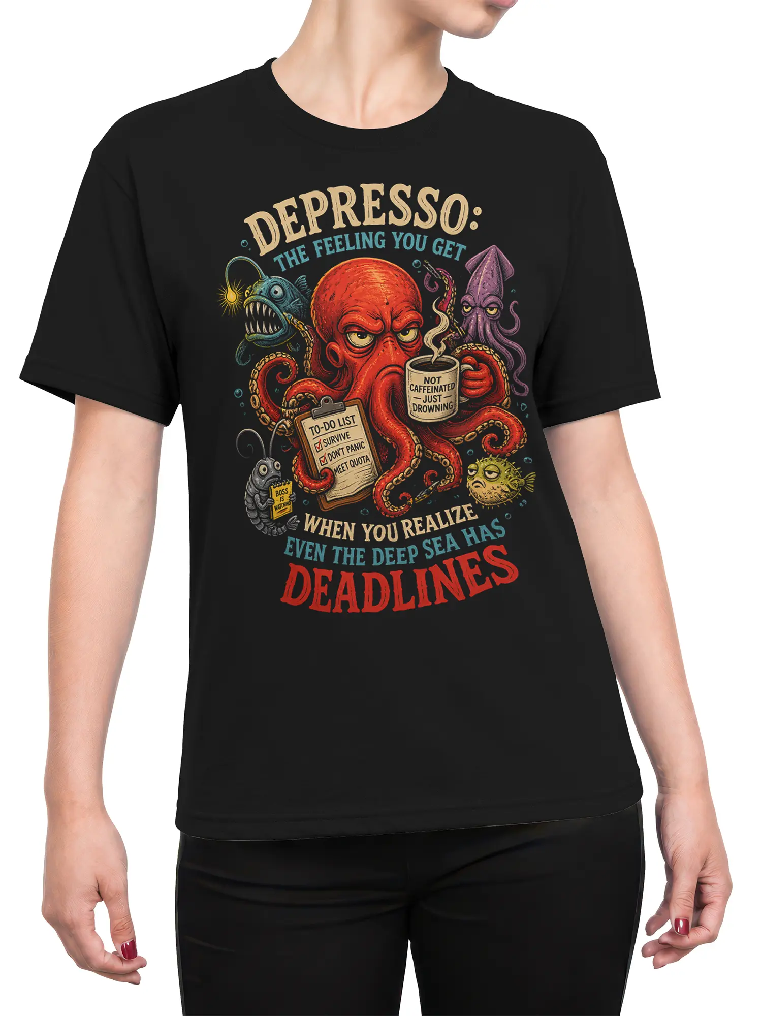 Female torso wearing a black octopus deadline graphic tee with coffee and deep-sea artwork