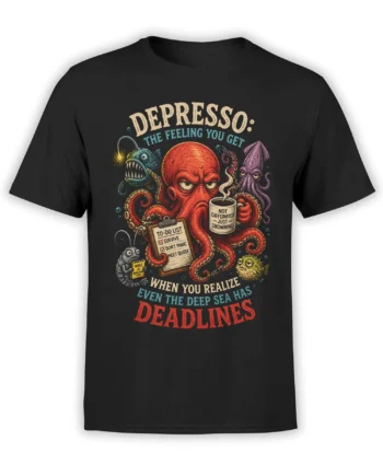 Black octopus t-shirt with coffee mug, deadline clipboard, squid, anglerfish, and vintage distressed lettering