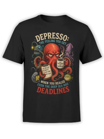 Black octopus t-shirt with coffee mug, deadline clipboard, squid, anglerfish, and vintage distressed lettering