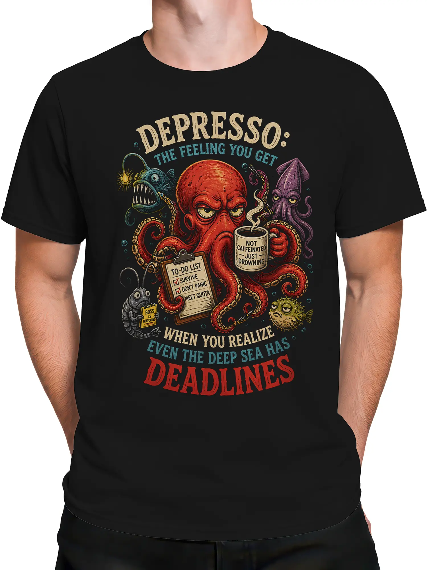 Male torso wearing a black octopus deadline graphic tee with vintage deep-sea artwork