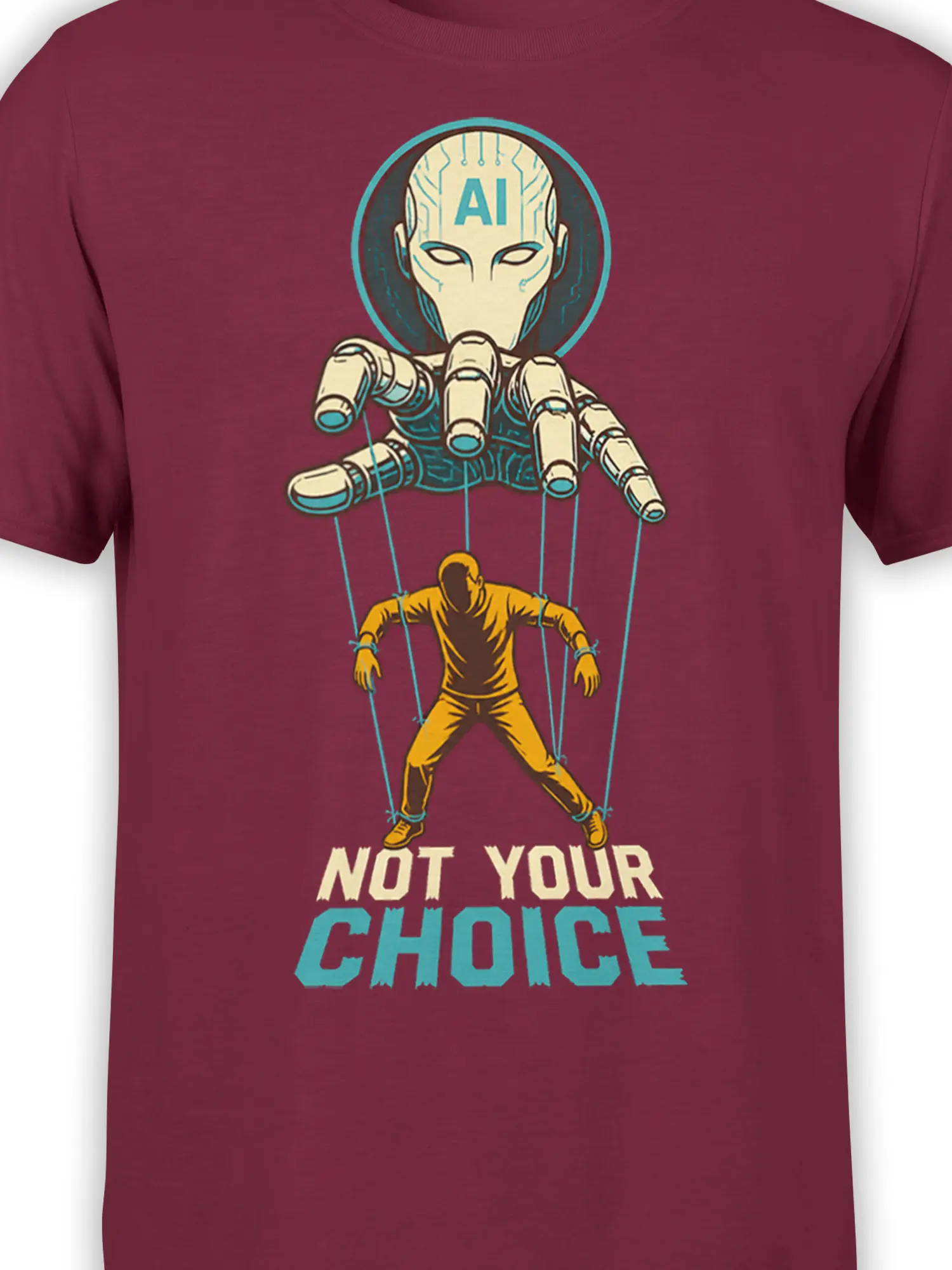 Close-up of robotic AI puppet-master artwork and “NOT YOUR CHOICE” lettering on burgundy fabric