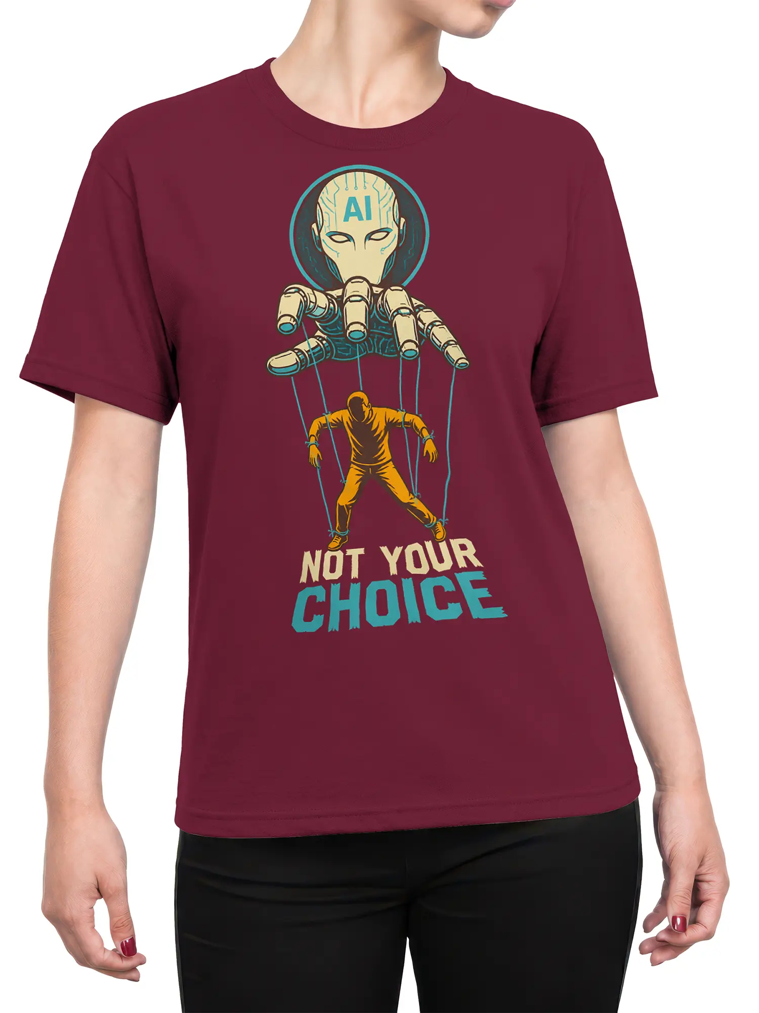 Female torso wearing a burgundy AI puppet T-shirt with robotic control artwork and bold message