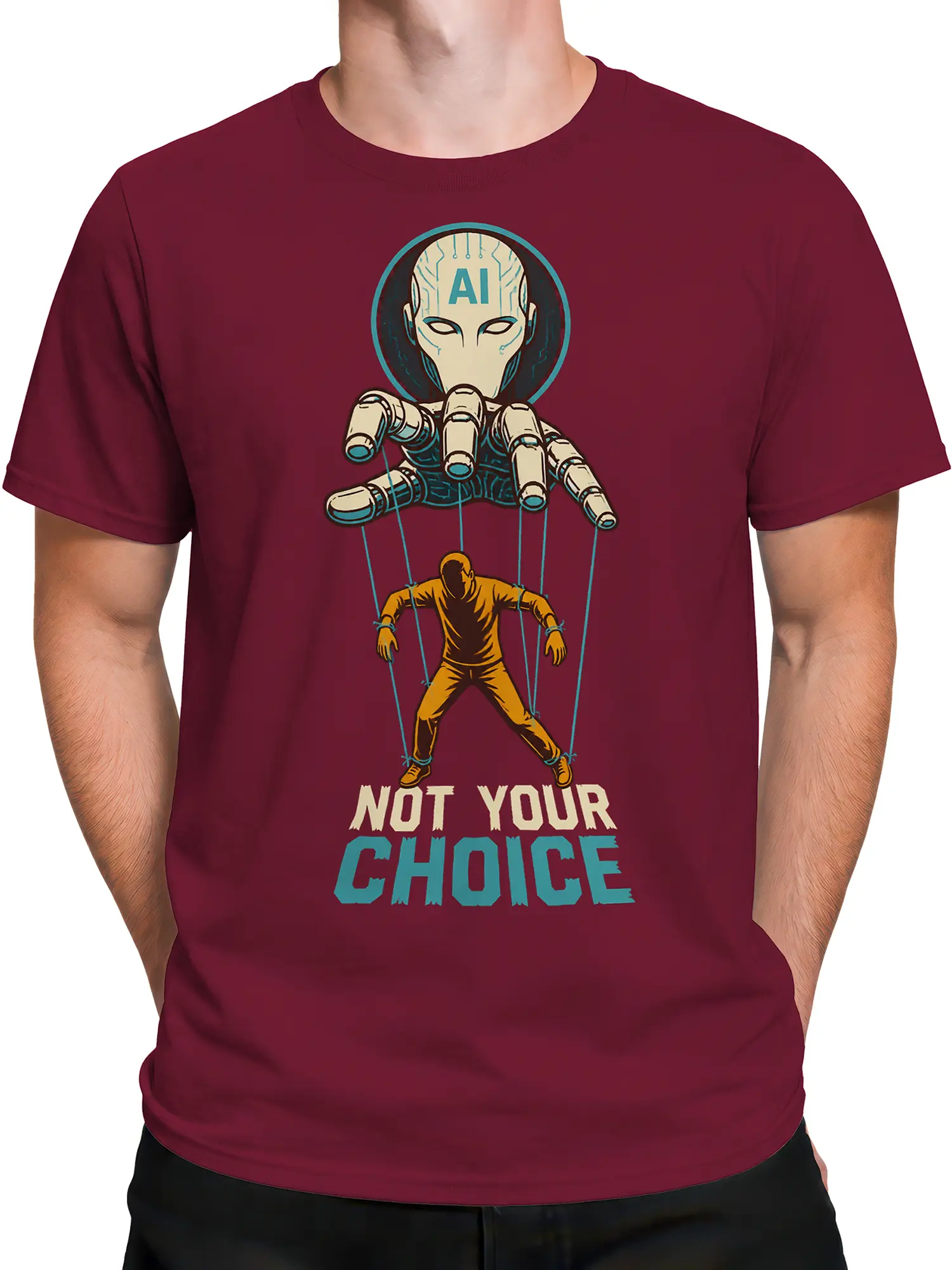 Male torso wearing a burgundy AI graphic T-shirt with robotic puppet artwork and blue strings