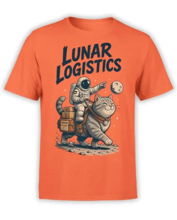 Orange T-shirt with a gray cat carrying an astronaut and packages under bold Lunar Logistics lettering