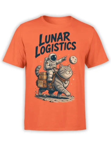 Orange T-shirt with a gray cat carrying an astronaut and packages under bold Lunar Logistics lettering