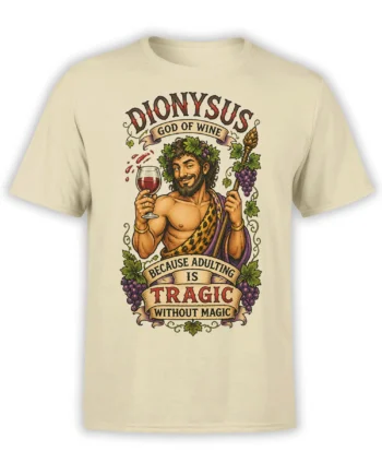 Beige Dionysus wine T-shirt with grapes, red wine glass, vintage banners, and humorous mythology artwork