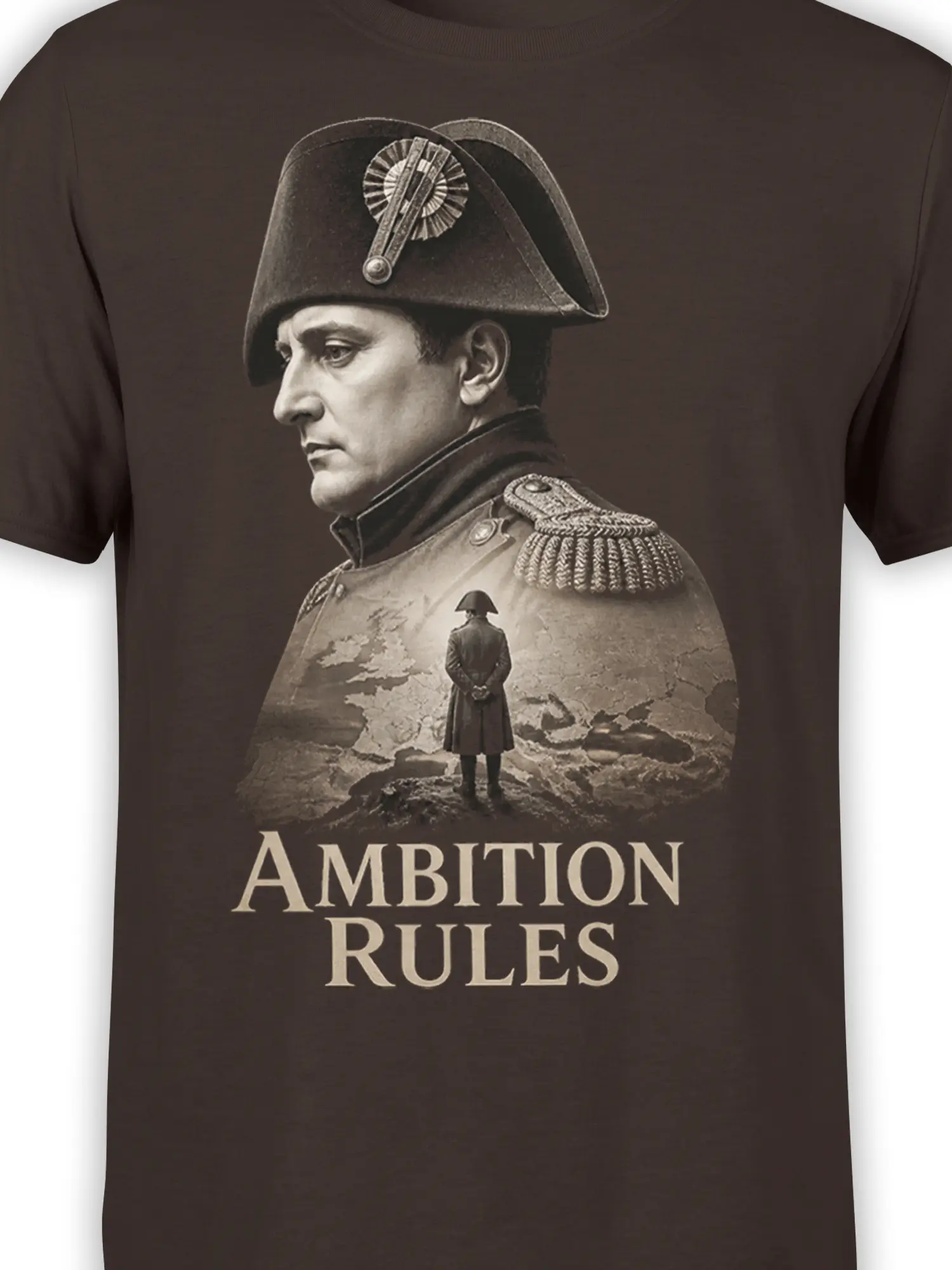 Close-up of the vintage military commander portrait, map artwork, and Ambition Rules graphic on a brown shirt