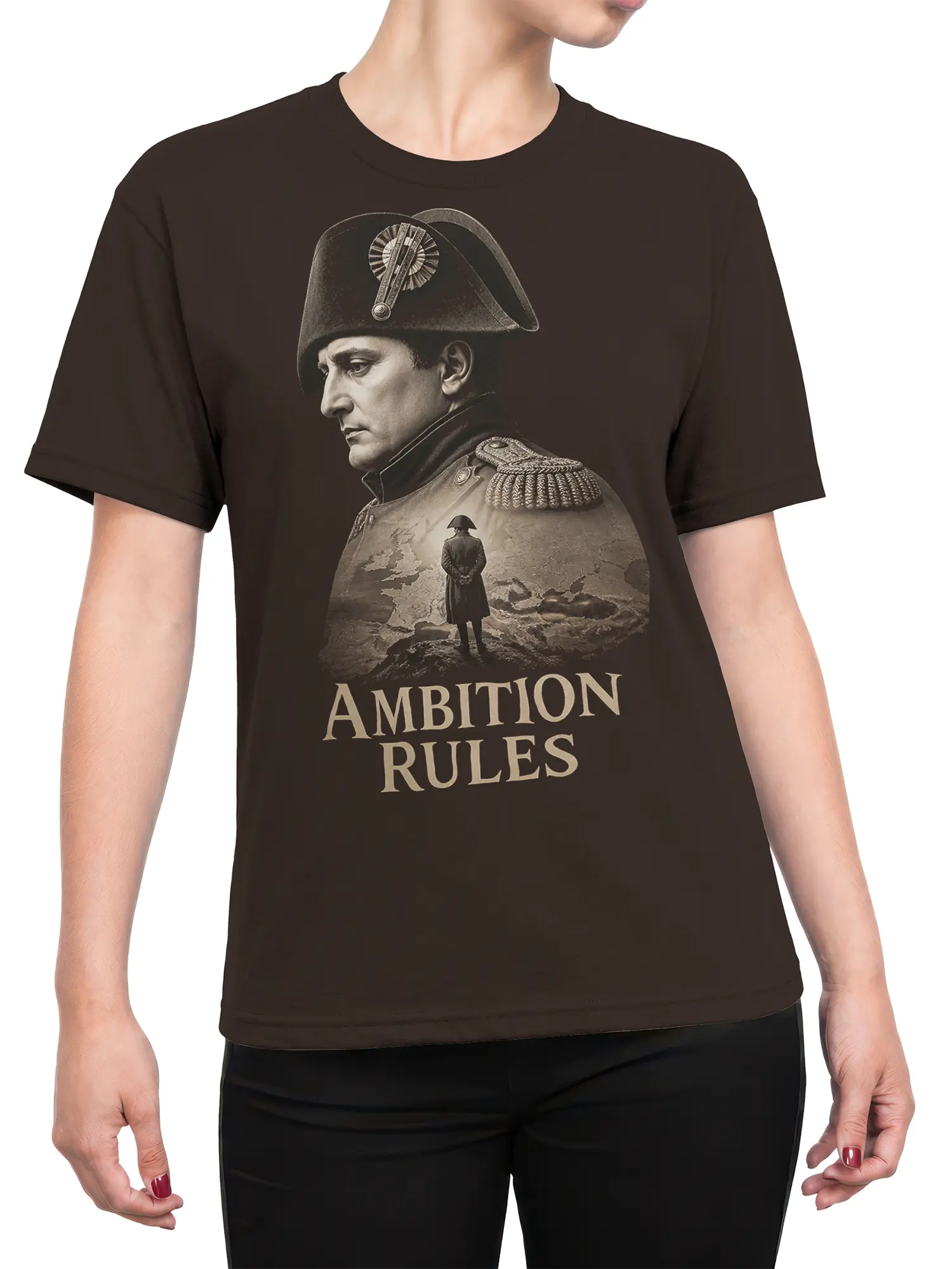 Female torso wearing a brown military graphic tee with a commander portrait and Ambition Rules design