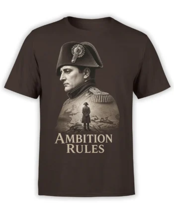 Brown T-shirt with a vintage military commander portrait, map artwork, and “Ambition Rules” lettering