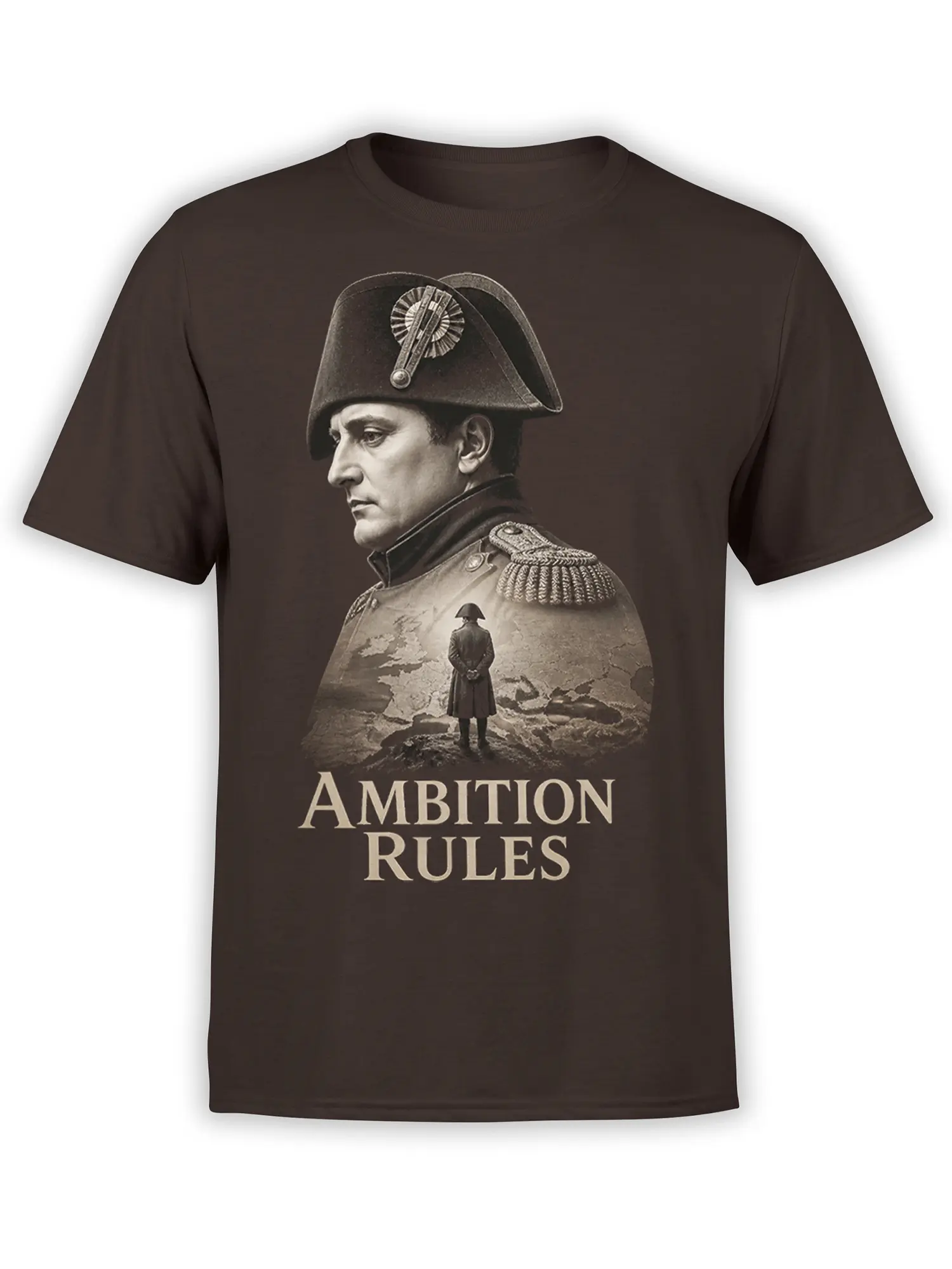 Brown T-shirt with a vintage military commander portrait, map artwork, and “Ambition Rules” lettering
