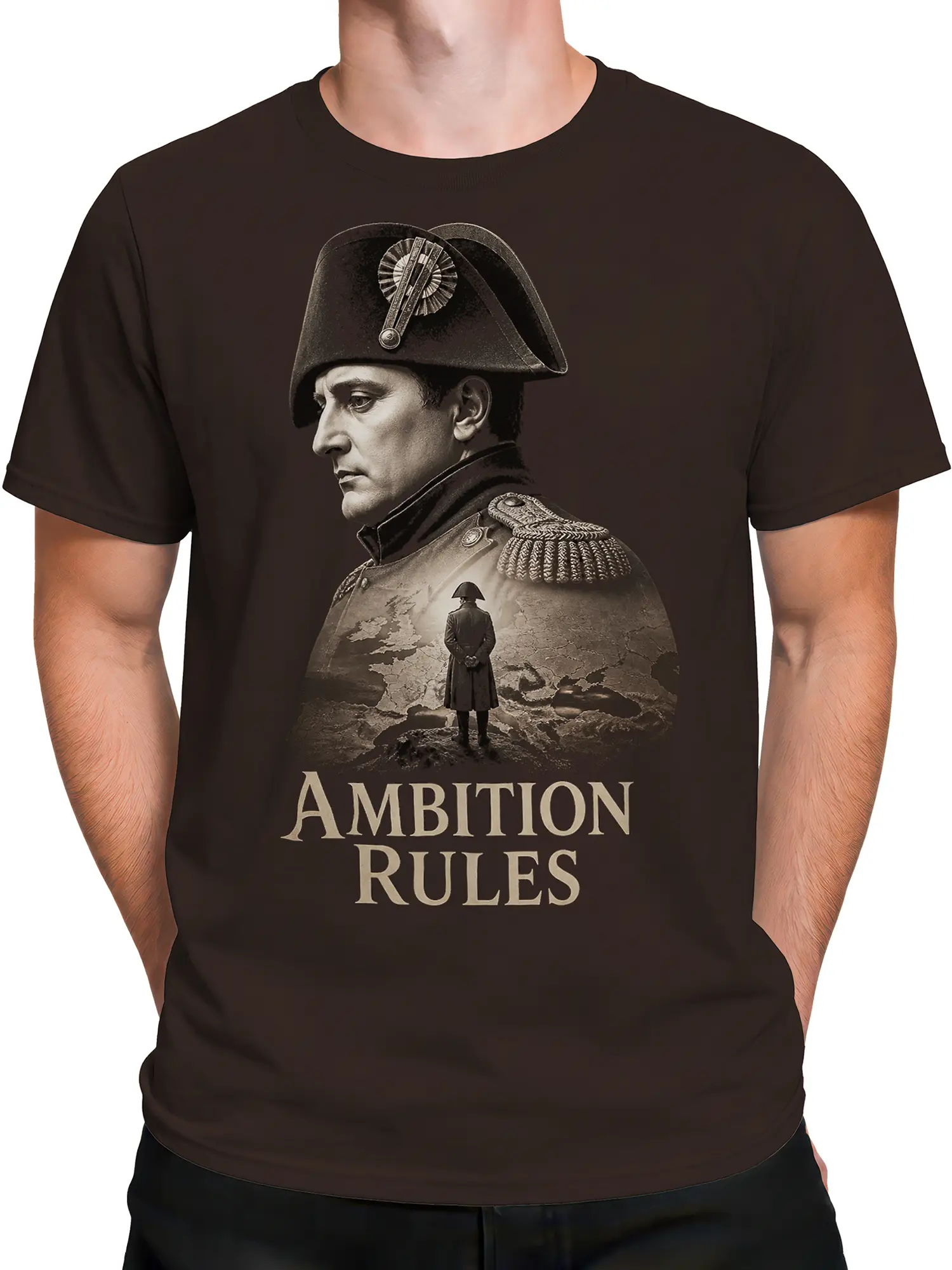 Male torso wearing a brown vintage military tee with commander portrait and Ambition Rules artwork