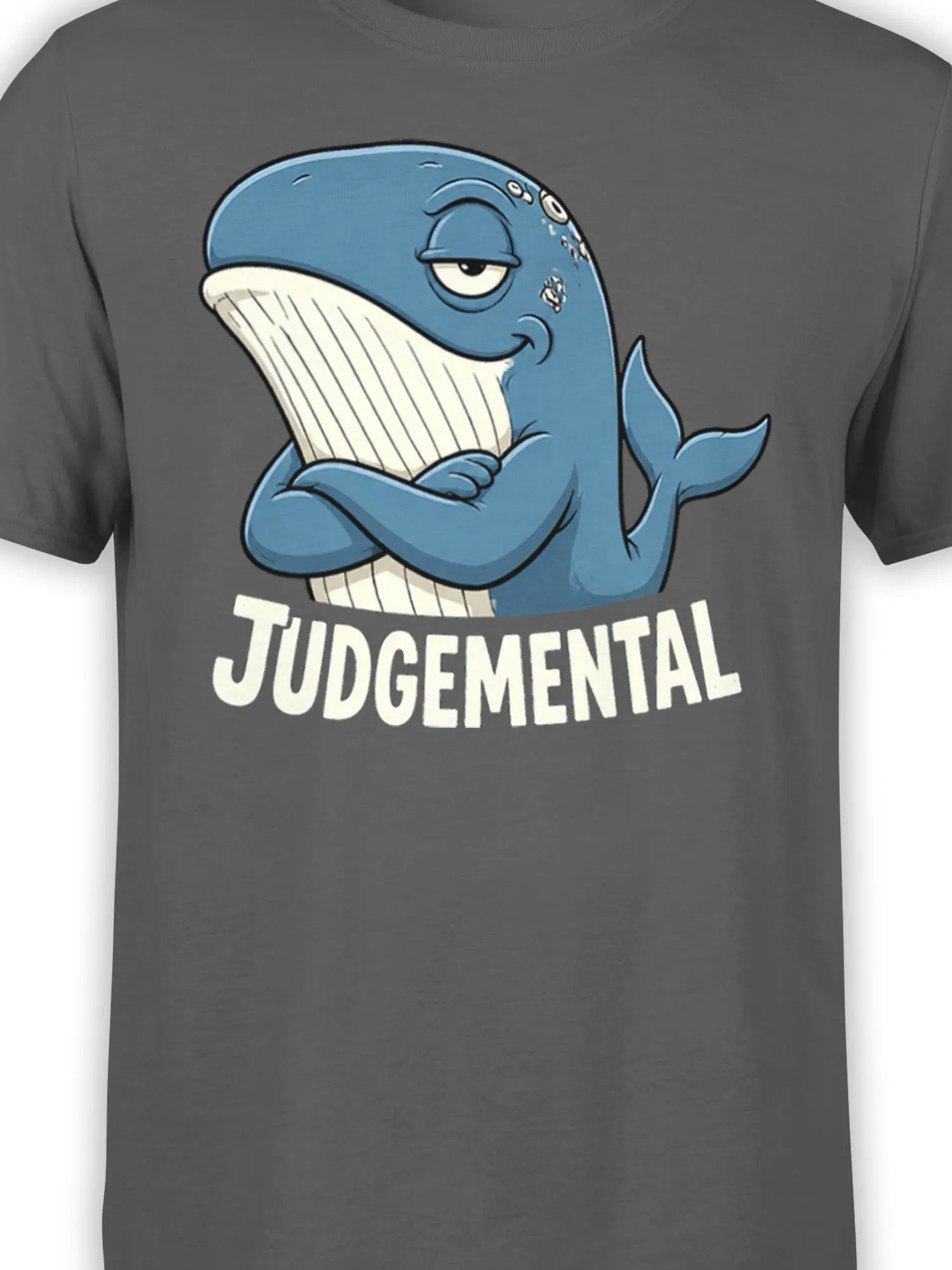 Close-up of the blue whale graphic and JUDGEMENTAL lettering on a gray T-shirt