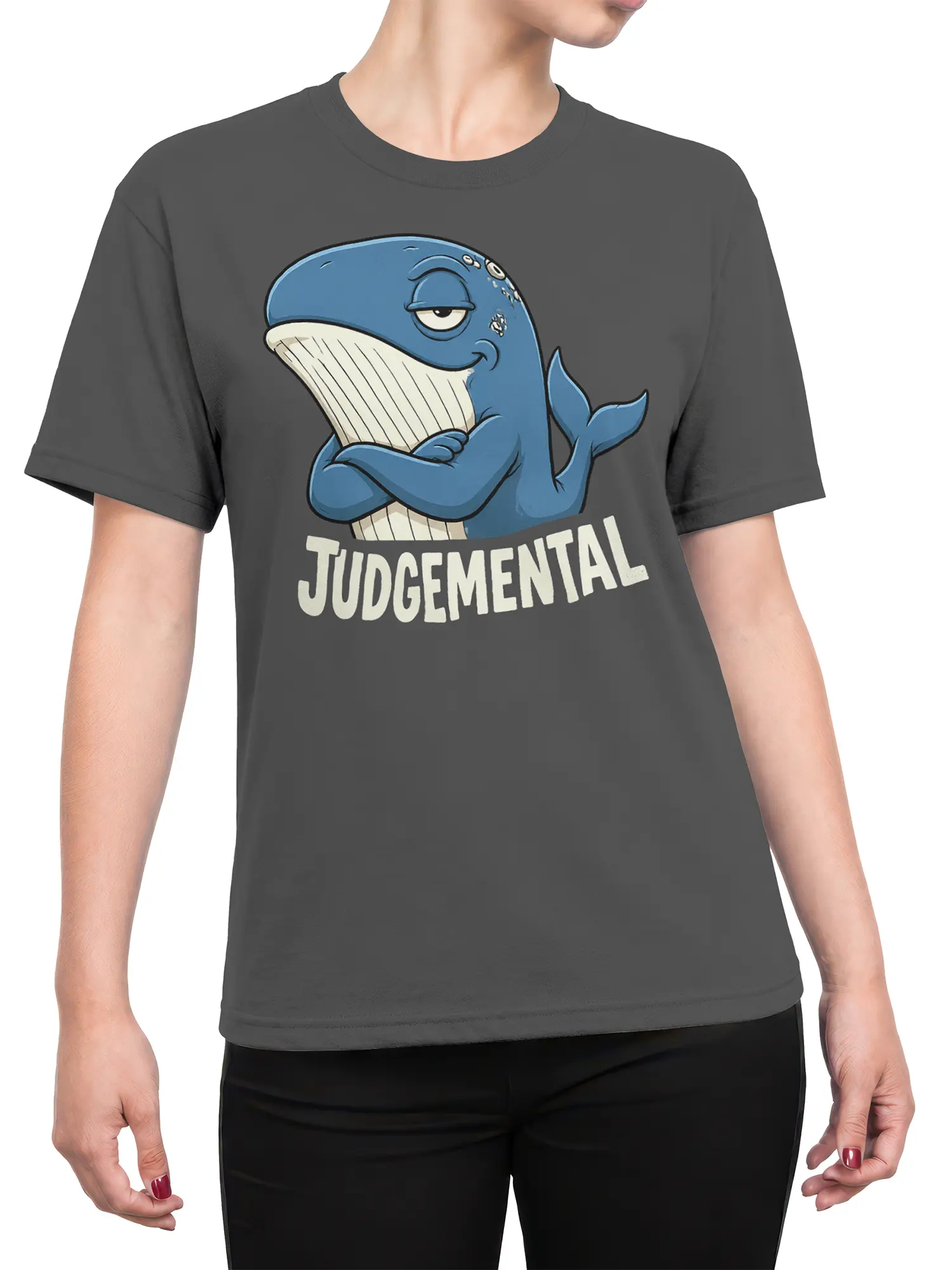 Female torso wearing a gray T-shirt with a blue judgmental whale graphic and bold lettering