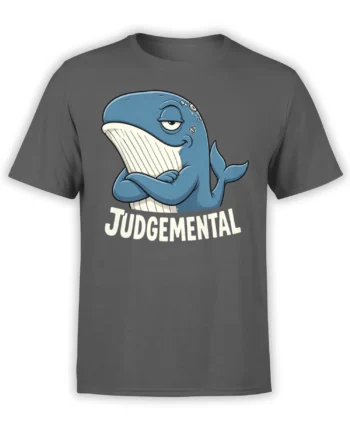 Blue whale with folded fins and JUDGEMENTAL text printed on a gray graphic T-shirt