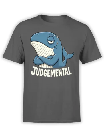 Blue whale with folded fins and JUDGEMENTAL text printed on a gray graphic T-shirt