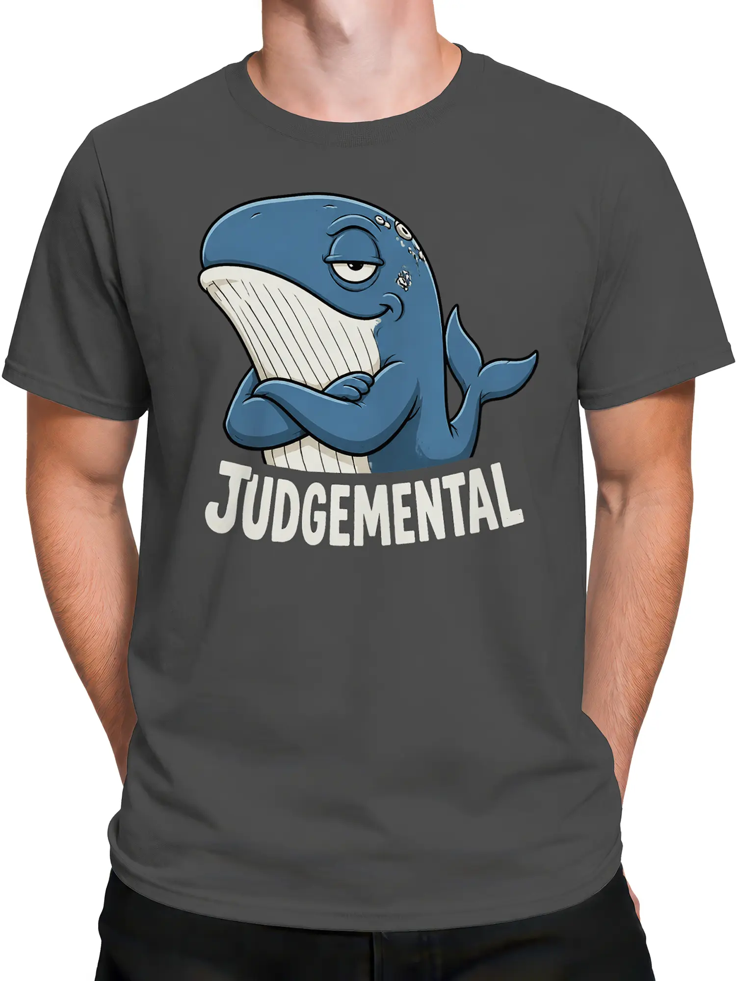 Male torso wearing a gray whale graphic T-shirt with a skeptical blue cartoon whale design