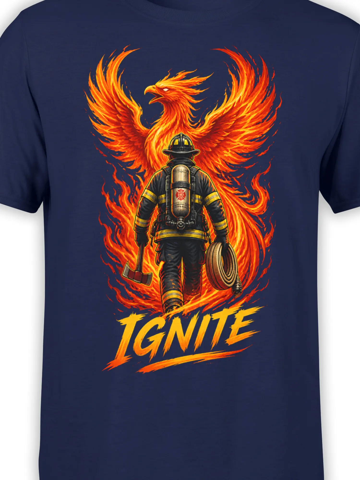 Close-up of firefighter, blazing wings, flames, and yellow IGNITE lettering on a navy T-shirt