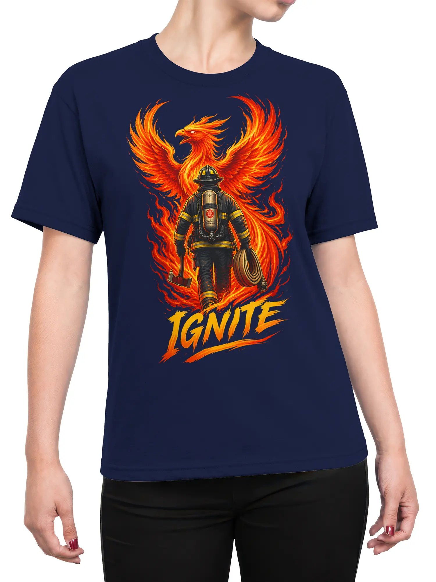 Female torso wearing a navy firefighter T-shirt with fiery wings and IGNITE graphic