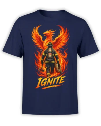 Firefighter in rescue gear with fiery eagle wings and IGNITE lettering on a navy graphic T-shirt