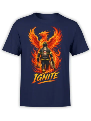Firefighter in rescue gear with fiery eagle wings and IGNITE lettering on a navy graphic T-shirt