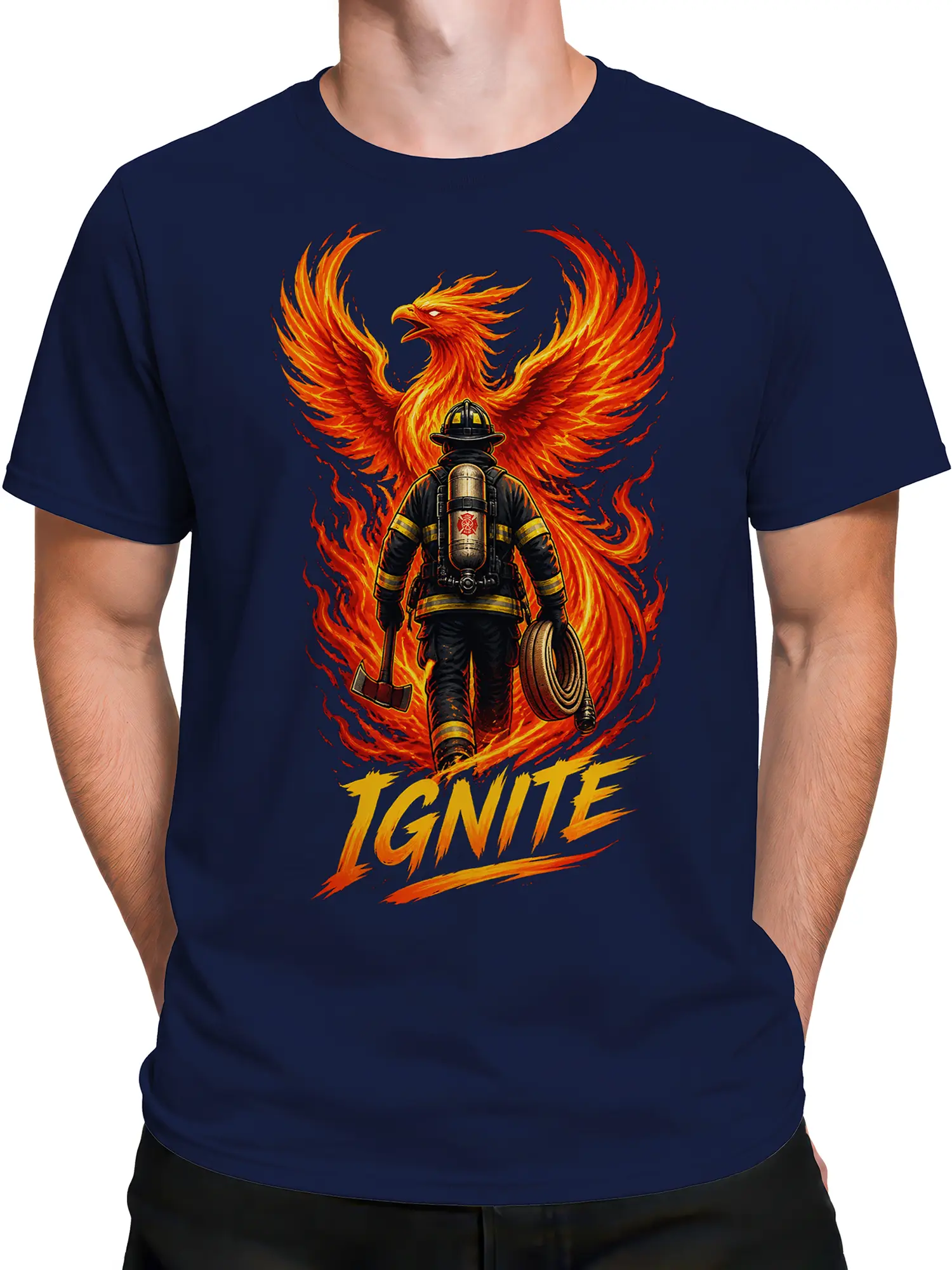 Male torso wearing a navy firefighter T-shirt with blazing wings and IGNITE design