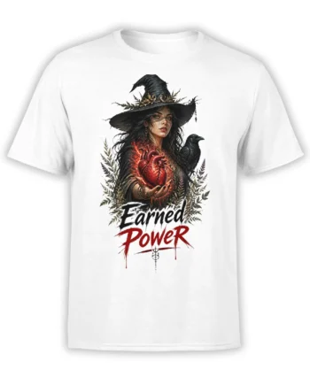 White T-shirt with dark fantasy witch, raven, glowing anatomical heart, and “Earned Power” artwork