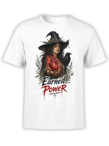 White T-shirt with dark fantasy witch, raven, glowing anatomical heart, and “Earned Power” artwork