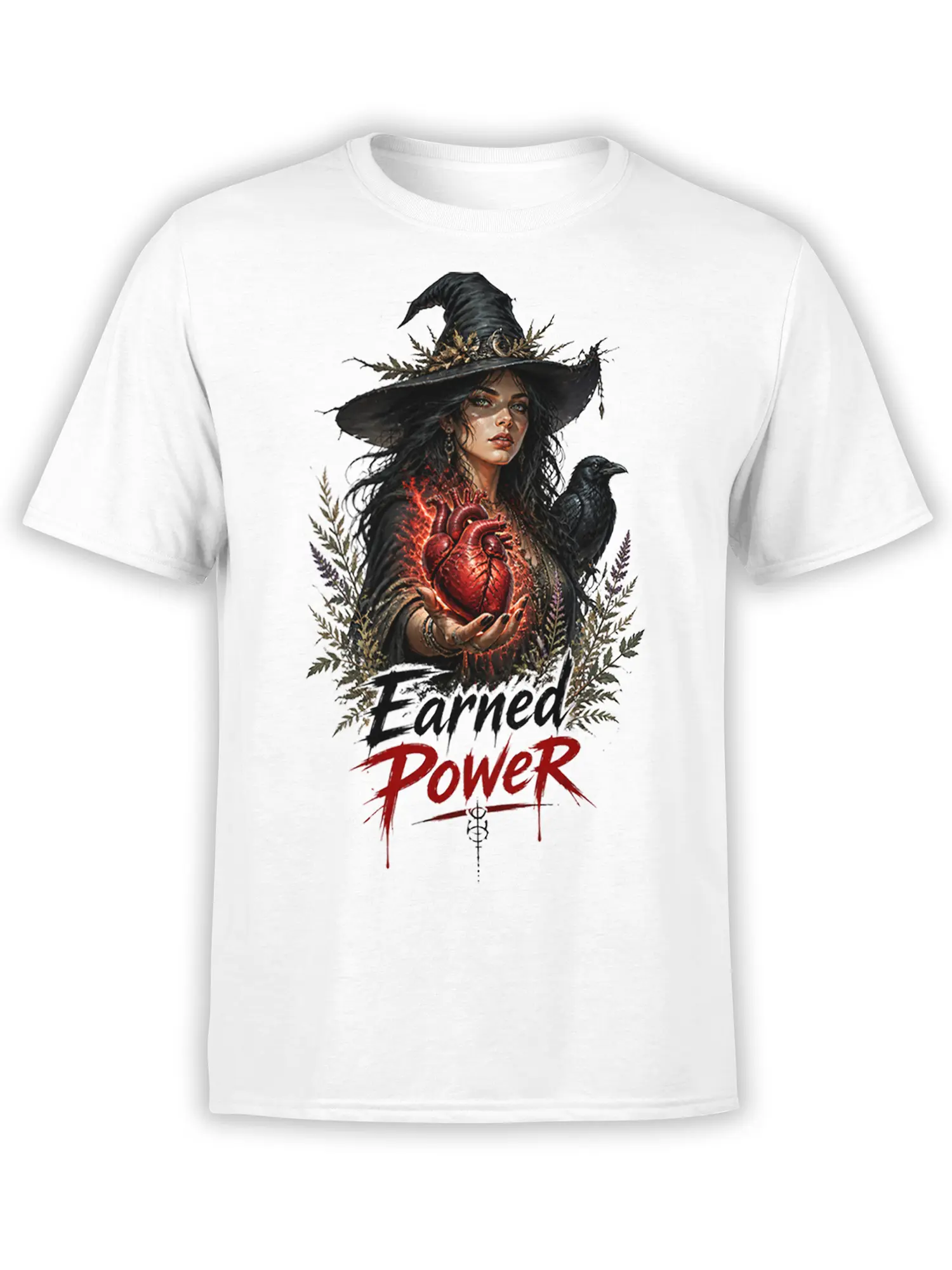 White T-shirt with dark fantasy witch, raven, glowing anatomical heart, and “Earned Power” artwork