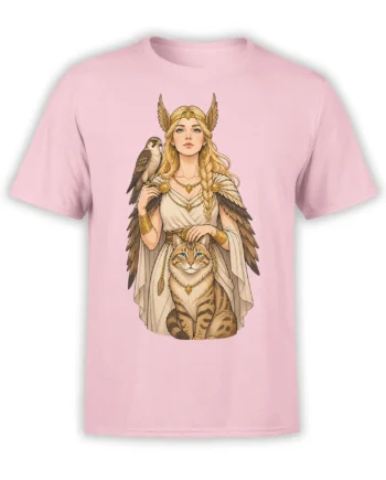Pink T-shirt featuring a winged woman with a bird of prey and regal tabby cat in fantasy artwork