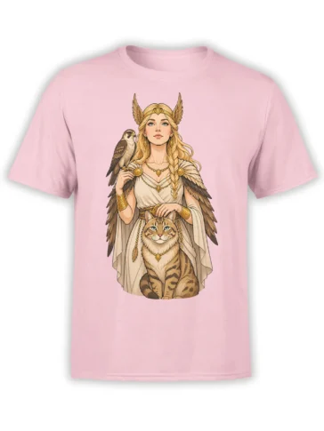 Pink T-shirt featuring a winged woman with a bird of prey and regal tabby cat in fantasy artwork