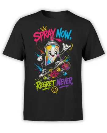 Colorful spray-paint character riding a skateboard on a black graffiti graphic T-shirt